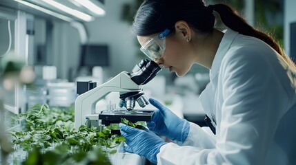 Poster - Female Scientist Examining Plant Leaves Under a Microscope