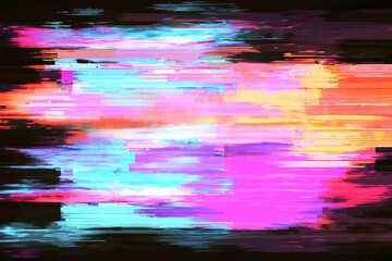 Poster - The abstract background consists of a blue, mint, and pink gradient with digital distortion. A futuristic cyberpunk design with an interlaced digital glitch effect. The colors are