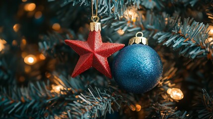 macro photography of red star and blue ball christmas ornaments hanging on a tree, capturing detailed textures and festive elegance in holiday decoration