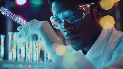 Poster - A Scientist in a Lab Coat Examining a Tube with Colorful Liquid