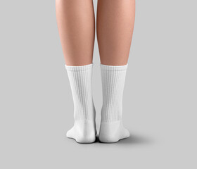 Sticker - Template of white high socks on women's straight leg, back view, long elastic band on ankles, isolated on background.