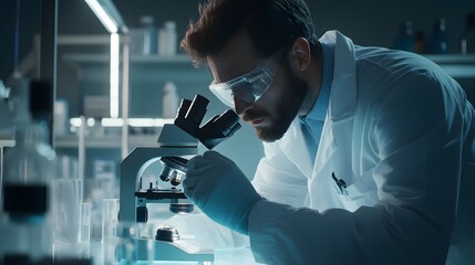 Poster - A scientist in a lab coat using a microscope