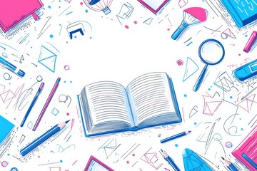 Poster - Illustration of an open book surrounded by vibrant stationery on a white background representing creativity and education