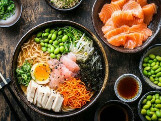 Sticker - A beautiful traditional Japanese family meal showcases a large bowl of ramen surrounded by smaller dishes of sashimi, edamame, and pickled vegetables on a wooden table