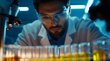 Poster - A Scientist in a Lab Coat Examines Yellow Liquid in Test Tubes