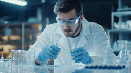 Poster - Scientist in a Lab Coat Using a Pipette to Transfer Liquid