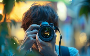 person holding a camera, taking a photo with blurred background. street photography and creative por