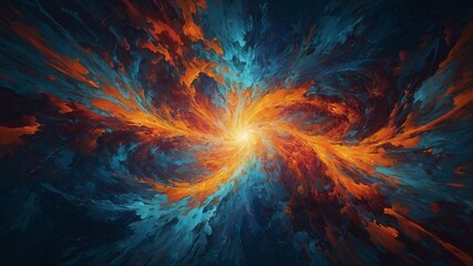 Poster - Colorful cosmic explosion with swirling orange and blue clouds, bursting with bright light at center