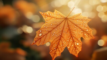 close-up of an orange maple leaf with water droplets and blurred sunlight rays creating a peaceful a