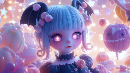 A sweet 3D vampire with pastel-hued hair and glowing eyes, delightfully surrounded by floating treats and stars in a lighthearted Halloween landscape.