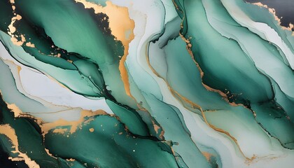 Luxury dark green marble texture with golden splashes and fluid swirls, creating an elegant abstract painting background