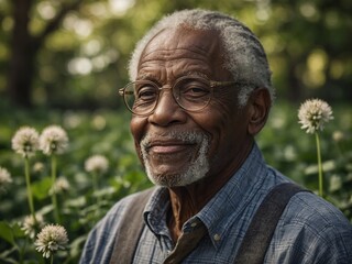 Elderly African American man with gray hair and glasses, wearing blue shirt, smiling in garden setting with flowers in background