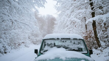 A vehicle parked near a forest, almost camouflaged by the surrounding snow-covered landscape, with thick layers of snow on the roof and hood.