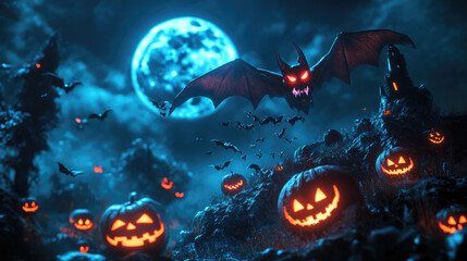 Wall Mural - A cheerful 3D vampire with charming fangs soaring through the night sky above a moonlit hill, enhanced by glowing pumpkins and lively bats, creating a captivating Halloween experience.