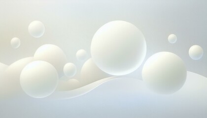 Wall Mural - White spheres of balls on a gray background. Snowy white balls. Flowing white soft spheres. Abstract background with dynamic 3d spheres. Trendy cover or banner design template. Abstract gray bokeh 