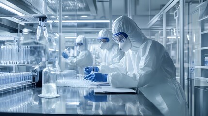 Poster - scientist in protective gear working with test tubes in a laboratory