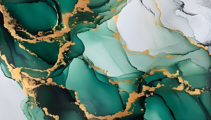 Luxury dark green marble texture with golden splashes and fluid swirls, creating an elegant abstract painting background