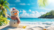© Ruslan - Cute snowman made of sand in winter hat and cap standing on tropical island beach with space for text. Christmas and New Year on the southern part of the Earth