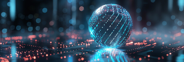 Digital sphere constructed with illuminated lines sits atop a sleek, futuristic platform, surrounded by a vibrant neon glow and soft bokeh light effects. Advanced technology or a virtual environment.