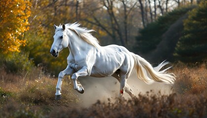 Wall Mural - Majestic white horse galloping through open fields under a bright blue sky