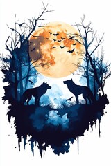 Wall Mural - Wolves under the Full Moon Watercolor Art.