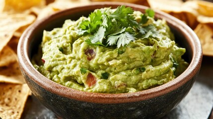 A bowl of creamy guacamole topped with fresh cilantro and served with crispy tortilla chips.