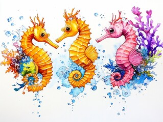 Poster - Three Seahorses in Watercolor with Coral Reef and Bubbles.