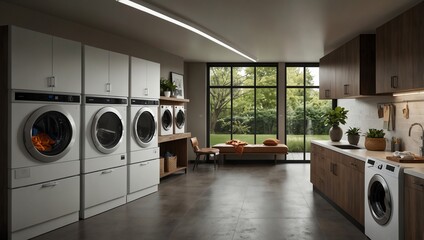 A modern laundry room with white and dark wood cabinets, washing machines and dryers, and large windows with a view.