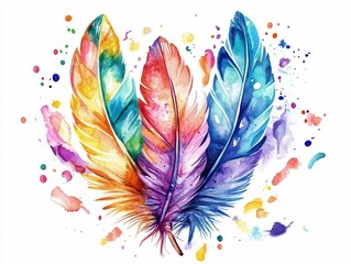 Poster - Watercolor Feathers with Colorful Splashes.