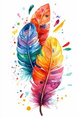 Wall Mural - Colorful Watercolor Feathers with Splashes.