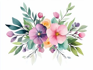 Poster - Watercolor Floral Arrangement with Pink and Purple Flowers and Green Leaves.