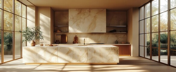 Wall Mural - modern kitchen interior with warm wood floors sleek marble countertops and gold accents bathed in soft natural light