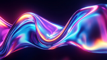 Poster - Abstract 3D rendering of a shimmering, iridescent liquid wave with neon pink, blue, and yellow highlights on a dark background.
