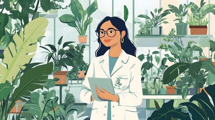 Poster - A Female Scientist Stands Amidst Lush Greenery in a Greenhouse