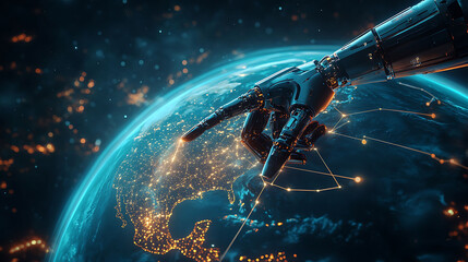 Poster - A robotic hand points to North America on a glowing globe, symbolizing global connectivity and technological advancements.