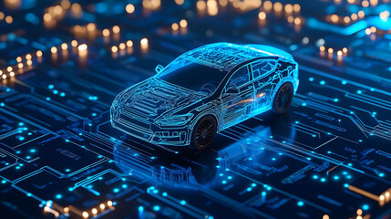 Aufkleber - A 3D rendering of a car on a circuit board, representing the intersection of technology and transportation.