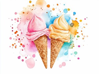 Poster - Watercolor Ice Cream Cones on a Colorful Background.
