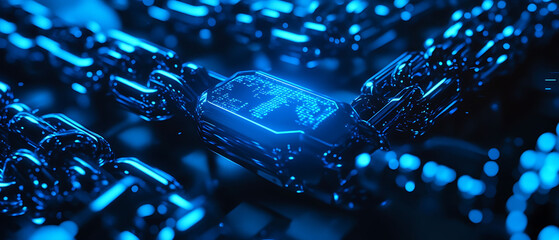 Poster - Abstract digital chains glowing in blue neon light, close-up.