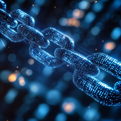 Poster - A digital chain made of glowing blue data and code.