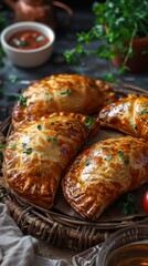 Freshly baked empanadas with golden crust and herbs.