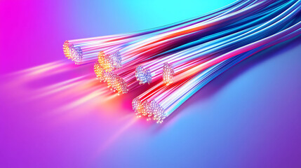Poster - A close-up of colorful fiber optic cables against a bright purple and blue background, showing their intricate structure and potential for fast data transfer.