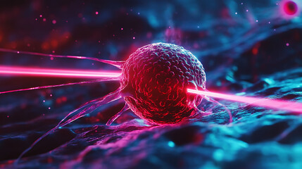 Aufkleber - A laser beam targeting a cancer cell with a glowing, abstract background.