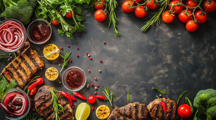 Grilled meat and vegetables with fresh herbs and sauces on a dark rustic background