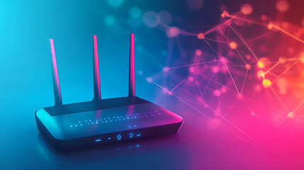 Poster - Modern wireless router with antennas, against a futuristic neon background with connected dots.
