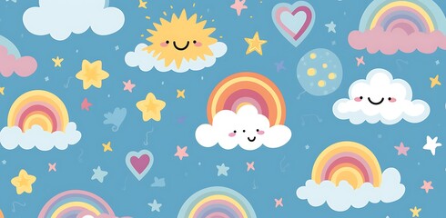 Wall Mural - Colorful, cheerful pattern with clouds, rainbows, and a sun.