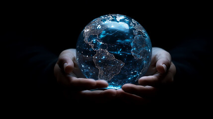 Aufkleber - Two hands holding a glowing blue glass globe against a dark background.