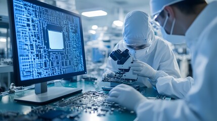 Poster - Technicians in Cleanroom Suits Examining Circuit Board Under Microscope