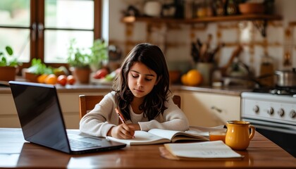 Reflective Hispanic Girl Engaged in Homework at Cozy Kitchen Table with Laptop in Daytime