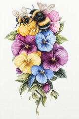Poster - Watercolor Pansies and Bumblebees.
