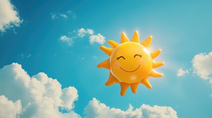 Wall Mural - A cheerful cartoon sun with a smiling face hovers in the sky against a vibrant blue backdrop